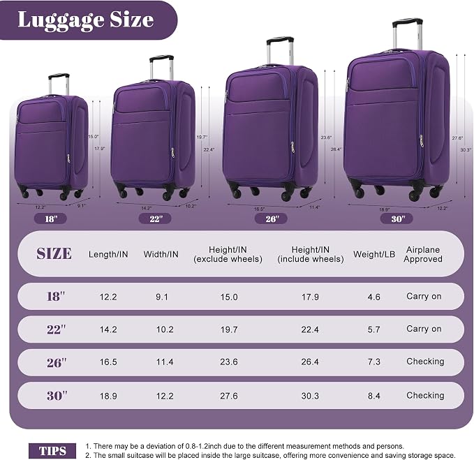 Merax 4-Piece Expandable Luggage Set,Softside Suitcase,Purple | 18" 22" 26" 30" Lightweight Luggage with Spinner Wheels,Suitcase Set with TSA Lock,Front Pocket & Interior Organization - Image 8