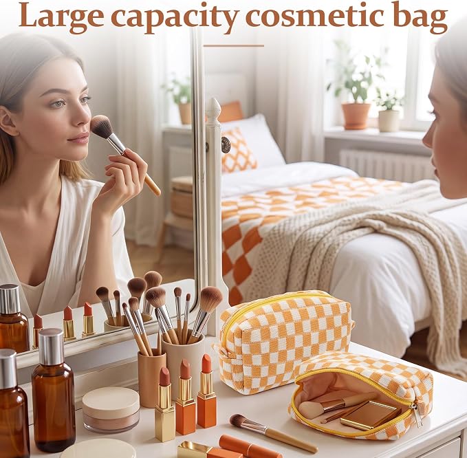 Gilprop 8 Pcs Checkered Makeup Bag for Purse Small Cosmetic Pouch Bulk Portable Zipper Makeup Pouch Travel Toiletry Organizer Gifts for Women Bridesmaid Wedding Party Favors (Orange) - Image 6