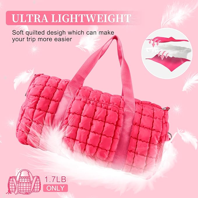 Quilted Travel Duffle Bag Gym Bag for Women,Large Puffer Duffle Weekender Bag with Compartment,Workout Overnight Carry on Organizer Bag Duffle Bag for Airplane Travel(L-Rosered) - Image 7