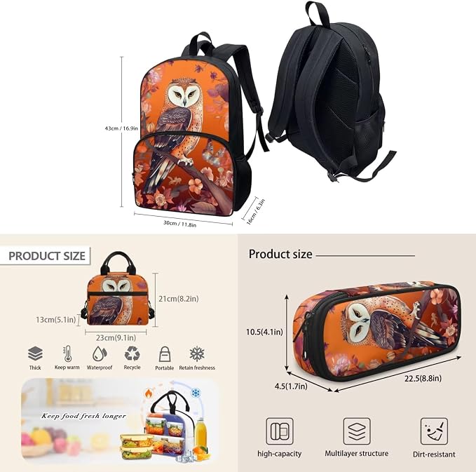 Cute Orange Floral Owl Backpack Set for Girls Kids Lightweight Cute School Backpack with Lunch Box Pencil Case Adjustable Strap Padded Book Bag Insulated Lunch Bag - Image 4