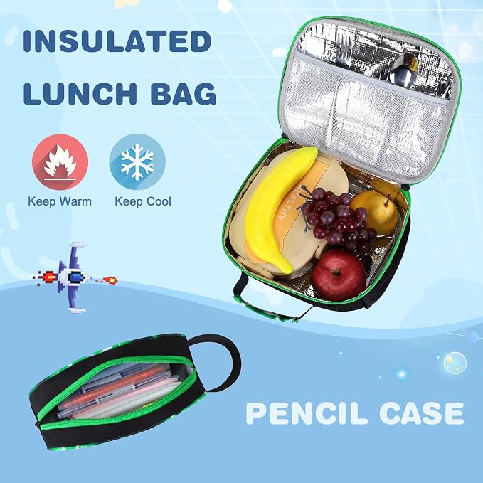 Bevalsa Backpack for Boys, School Bags for Kids, Bookbag for Boys Children Teens Backpacks for Elementary Middle High School Student, Bookbag Set with Lunch Bag & Pencil Case (Green Lightning) - Image 4
