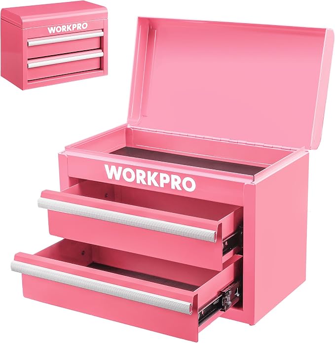 WORKPRO Metal Mini Tool Box with 2 Drawers and Top Storage | Cold Rolled Steel Toolbox, Ball Bearing Slides, PVC Drawer Liners, PP Feet Pads, Durable Storage by WORKPRO