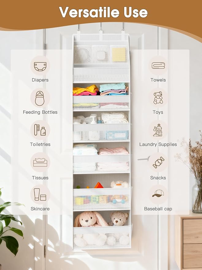 Criusia Over the Door Organizer, Heavy-Duty 6-Shelf Hanging Storage with 13 Mesh Pockets, 55lbs Capacity Behind the Door Storage for Nursery, Bathroom, Bedroom, and Dorm, White - Image 8