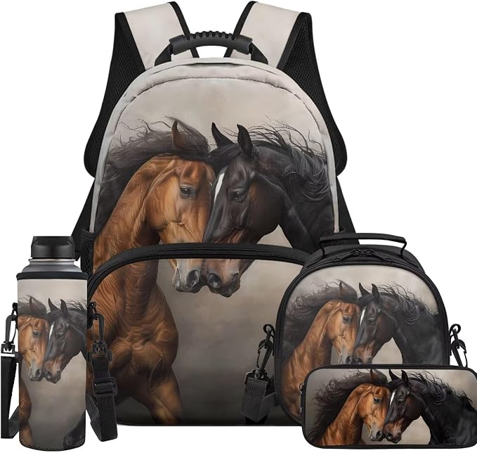 Galloping Horse 4pcs Backpack Set for Boys Bookbag with Lunch Bag & Pen Pouch & Water Bottle Cover Teenage Students Lightweight for School Sport Travel Gifts by Unknown