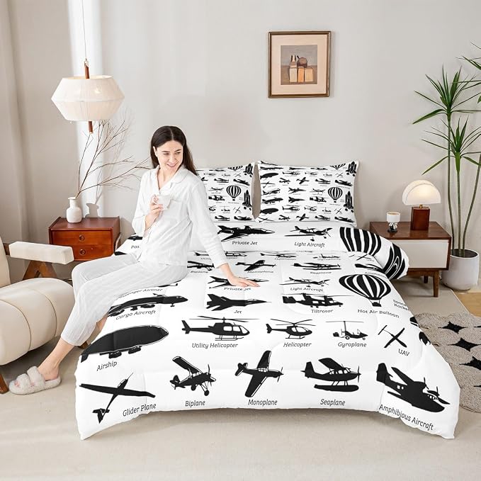 Erosebridal Airplane Comforter Set Twin,Black White Airplanes Bedding Set Space Rocket Aircraft Down Comforter for Boys Kids Teens Room Decor,Helicopter Biplane Quilt Duvet Sets with 1 Pillow Case - Image 4