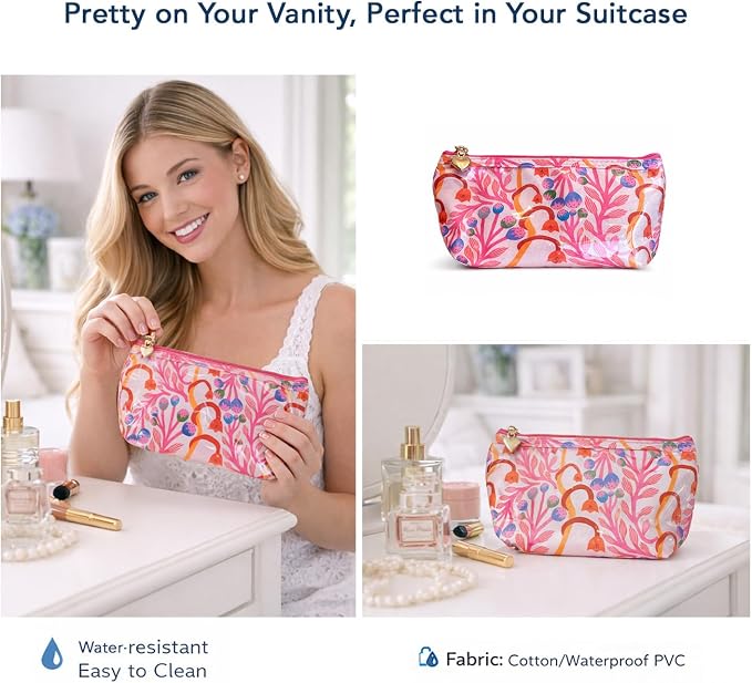 Jacaranda Living Extra Small Cosmetic Bag – Splash-Proof Travel Makeup Pouch with PVC Lining, Compact Bridal & Bridesmaid Toiletry Bag, Easy-Clean Cosmetic Case – Strawberry Vine - Image 8