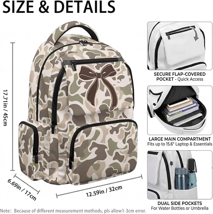 Brown Camo Bow 4 Piece School Backpack Set for Kids, 17 Inch Multi-Pocket Backpack with Lunch Bag, Pencil Case and Water Bottle Holder for Elementary Middle School - Image 4