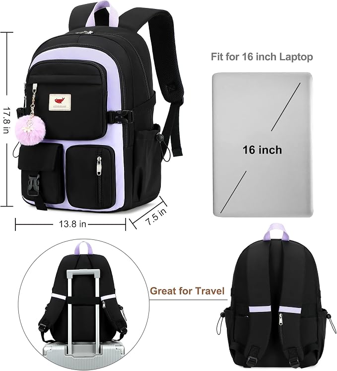 Laptop Backpack 15.6 Inch Elementary Middle High School Bag College Backpacks with Lunch Box Pencil Pouch 3 PCS Set Travel Bookbags for Teens Girls Women Students (Black Purple) - Image 5