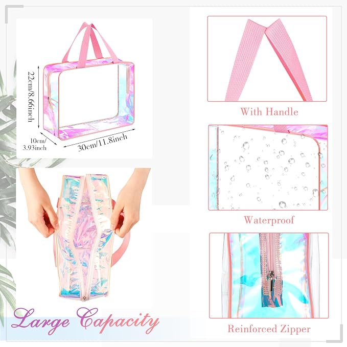 Sweetude 6 Pcs Large Clear Toiletry Bag with Handle Large Capacity Travel Iridescent Beach Makeup Bag PVC Clear Plastic Tote Punch Cosmetic Clothes Storage Organizer for Women Men (Pink) - Image 4