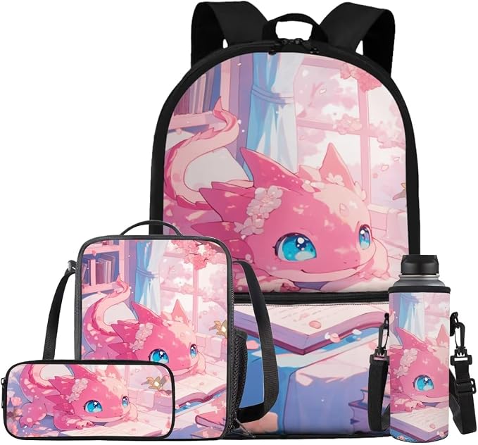 Cute Axolotl 3Rd Grade Backpack for Girls with Lunchbox, Water Bottle Sleeve & Pencil Case Portable Lightweight Bookbag for Junior Middle School New Semester Gifts Bag by Bivxisrvo
