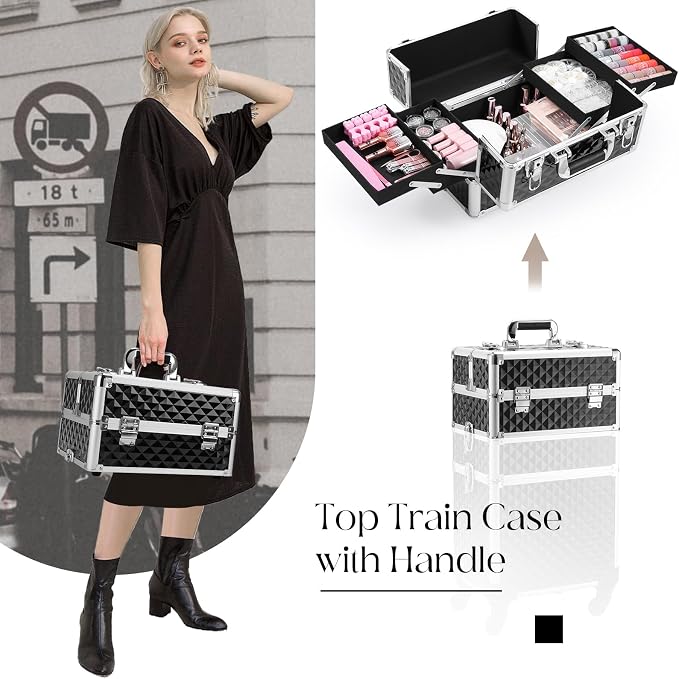 Faquenc Cosmetology Case on Wheels 3 in 1 Rolling Makeup Train Case Nail Tech Makeup Organizers Storage Cart Cosmetic Trolley Travel Barber Suitcase for Make up Artist Manicure Hair Lockable, Black - Image 3
