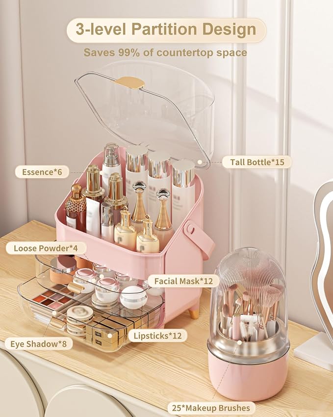 Makeup Organizer Countertop, Skincare Holder Bathroom Counter Organizer, Storage Box Cosmetic Display Cases, Teen Girl Gifts Make up Organizers (Pink/Brush) - Image 3