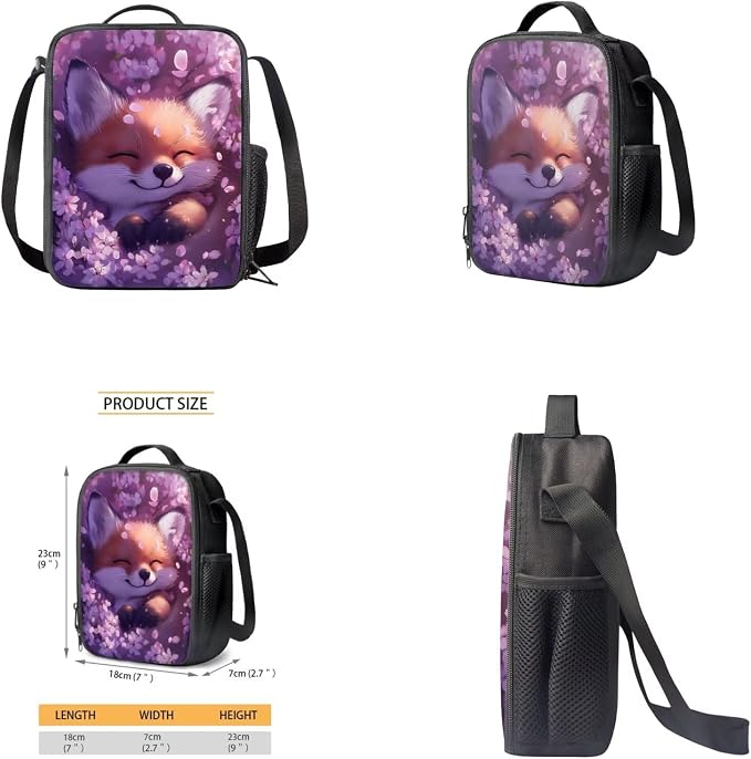 Cherry Blossom Fox Backpack for Girls Kids Backpack with Lunch Box Water Bottle Holder with Strap and Pencil Pouch 4PCS Bookbag with Front Pocket for School 17" Sturdy Elementary School Bag - Image 4
