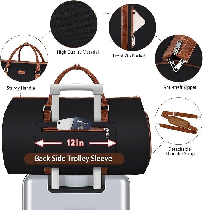 Convertible Garment Duffle Bags for Travel - Carry On Garment Bags With Toiletry Bag, Large Weekender Bags for Women Men 2 in 1 Hanging Suitcase Suit Travel Duffel Bags (2pcs Set, Black) - Image 4
