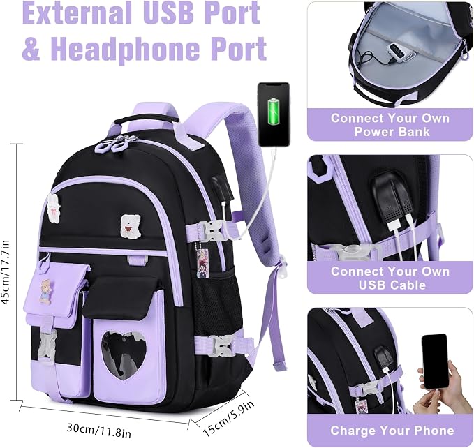 ACESAK Backpack for Girls - Bookbag Backpacks Schoolbag for Girls Kids Teen Women Casual Travel Daypacks - School Bag Elementary Middle School College Cute Backpack with Lunch Box (Purple Black) - Image 3