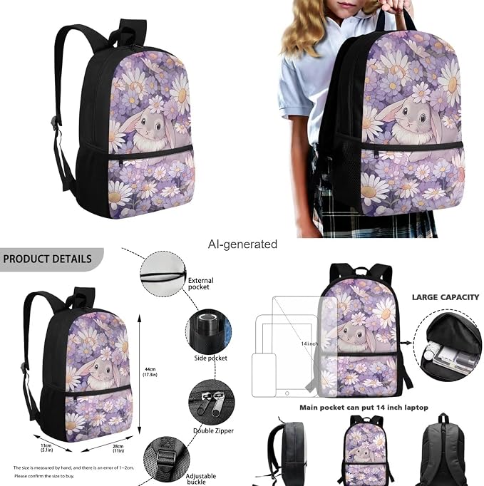 Daisy Bunny Backpack for Girls Kids Backpack with Lunch Box Water Bottle Holder with Strap and Pencil Case 4PCS Set Bookbag with Front Pocket for School Teens 17 inch Lightweight School Bag - Image 3