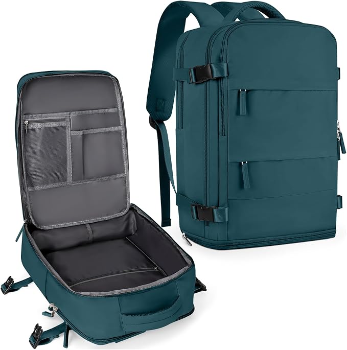 coowoz Large Travel Backpack For Women Men,Carry On Backpack Flight Approved,Hiking Backpack Waterproof Outdoor Sports Rucksack Casual Daypack Fit 15.6 Inch Laptop Shoes Compartment,30L(Peacock Blue) by coowoz
