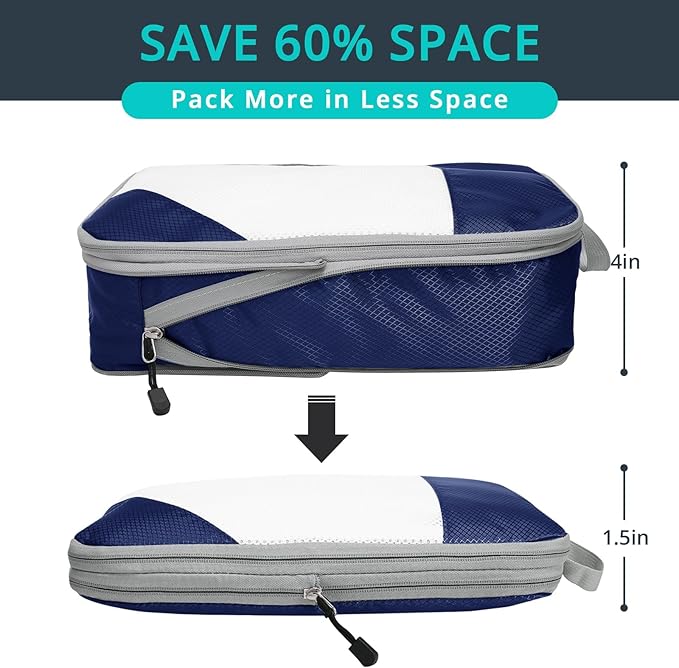 9 Set Compression Packing Cubes for Travel - Compressible, Lightweight, and Space-Saving Packing Cubes, Travel Essentials for Women, Navy - Image 2
