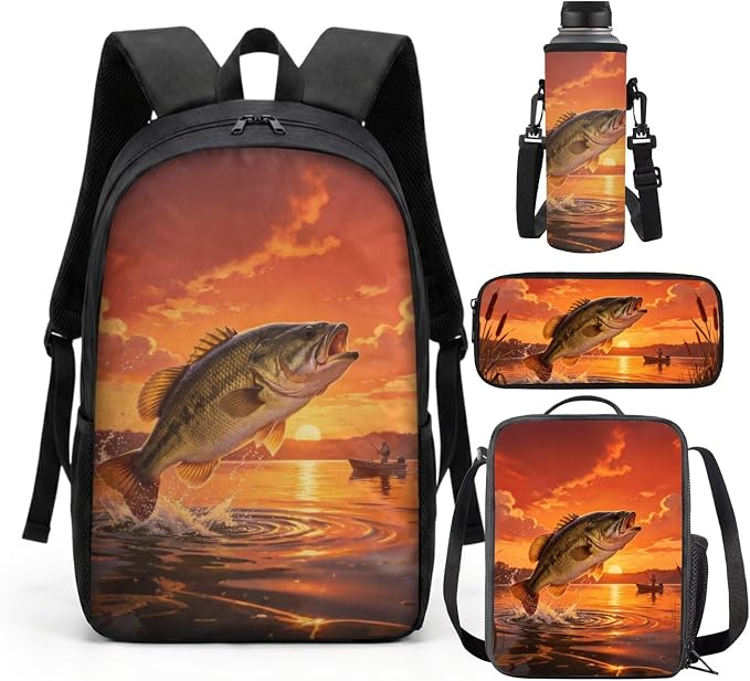 Bass Fishing Boys Backpacks Ages 8-10/6-8 with Lunch Box Kids Elementary School Bookbag and Lunch Bag Set 17in Hunting Fish Back Pack 4 in 1 Primary Book Bag by SCRAWLGODDreamWardrobe