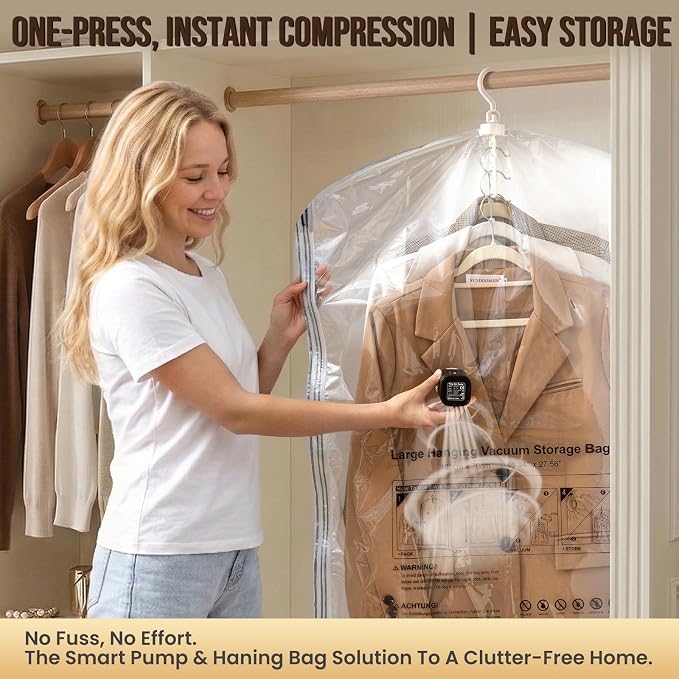 TAILI Hanging Vacuum Storage Bags with Electric Air Pump, Vacuum Seal Bags for Clothing Travel, Space Saving Hangers for Clothes, Coats, Suits and Jackets, Set of 4(2 Long, 2 Short) - Image 7