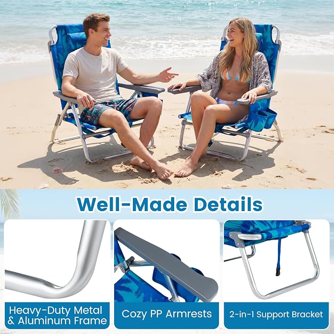 Giantex Folding Beach Chair, Patio Sling Chairs with 5 Adjustable Position, Head Pillow, Storage Bag, Towel Bar, Cup Holders, Backpack Chairs for Sunbathing, Camping Chair - Image 6