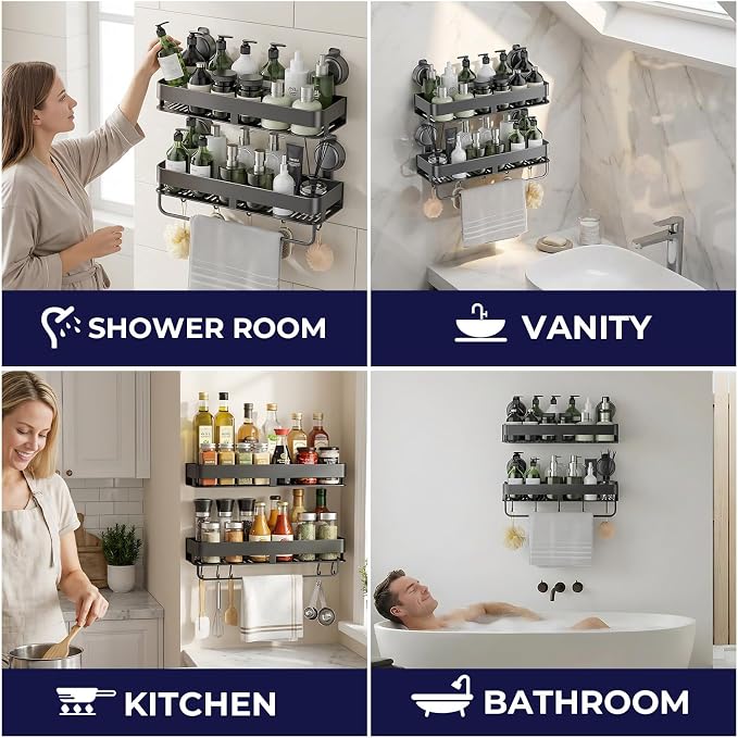Corner Shower Caddy,Suction Cup Shower Caddy with Hooks,No Drilling Rustproof Aluminum Bathroom Organizers and Storage,Shelves for Bathroom Accessories Decor (15.7inch-Gunmetal Gray) - Image 8
