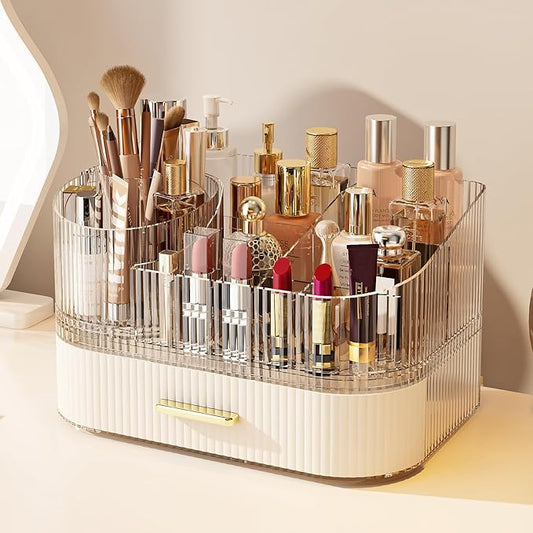 Makeup Organizer with Stackable Drawer, 360 Rotating Makeup Brush Holder, 11-inch Wide Large Cosmetic Display Case, Skincare Organizers and Storage for Dresser, Vanity, Bathroom Countertop by STORICANS