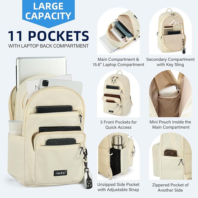HanTrip Carry On Travel Backpack For Women, 18 Inch Water Resistant Large Backpack Lightweight Bookbag For Men, 8x14x18 Personal Item Bag Casual Daypack Backpacks For Work Office Commuter (Offwhite) - Image 3