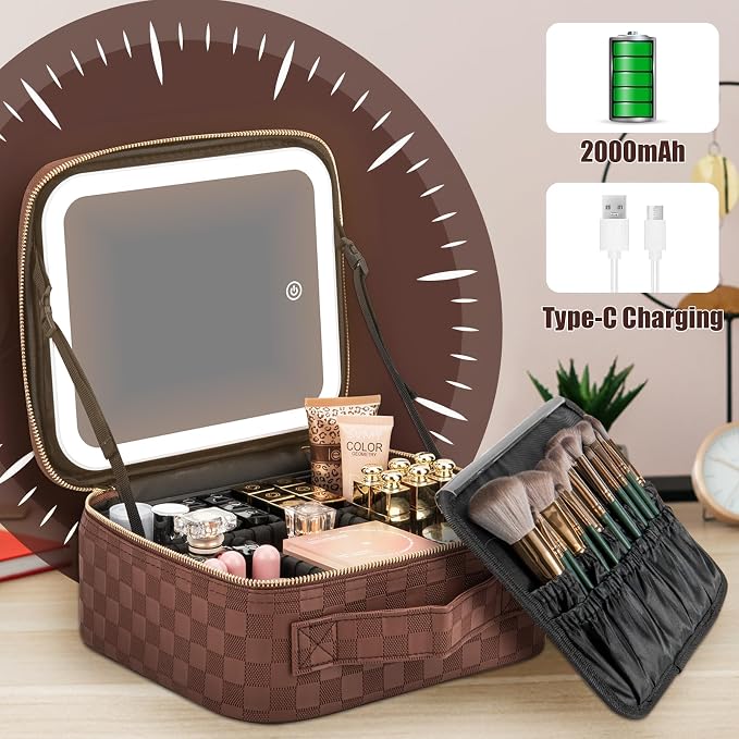 Extrei Gent Makeup Travel Train Case with Mirror LED Light 3 Adjustable Brightness Large Cosmetic Bag Portable Storage Adjustable Partition Waterproof Makeup Brushes Make up Jewelry Gift for Women - Image 5