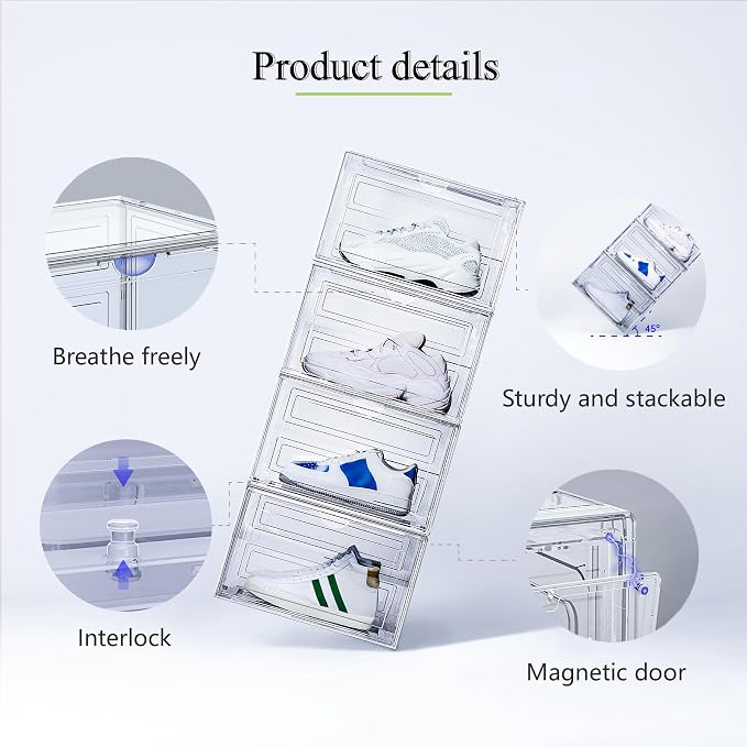8 Pack XL Shoe Storage Box Organizer,Drop Side Large Shoe Boxes Clear Plastic Stackable Container,Magnetic Sneaker Display Case, Fit up to US 13（13.4”x 10.6”x 8.3”(8 Pack Black) - Image 5