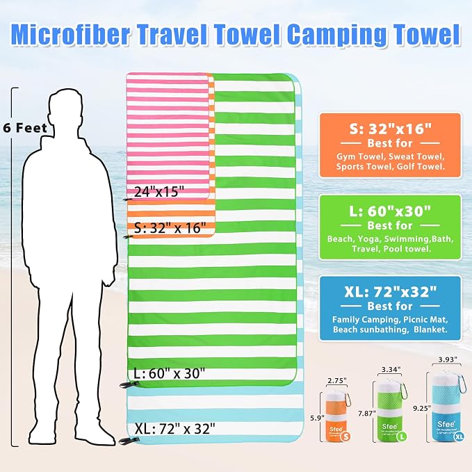 Sfee 2 in 1 Microfiber Travel Towel, Quick Dry Towel Camping Beach Towel Super Absorbent Compact Lightweight Sports Gym Towel Set for Gym, Hiking, Pool, Bath, Yoga (Small: 32''x16'') - Image 4