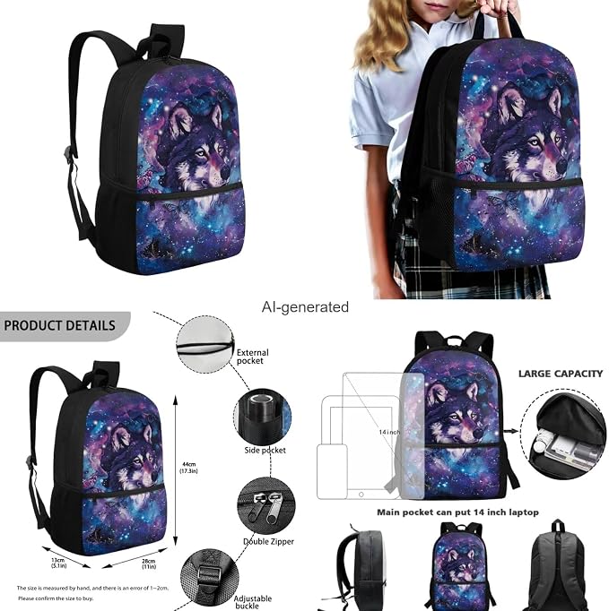 Galaxy Wolf Backpack for Girls Kids Backpack with Lunch Box Water Bottle Pouch and Soft Pencil Case 4PCS Set Bookbag with Front Pocket for School 17 inch Large School Bag for Elementary Girls - Image 3