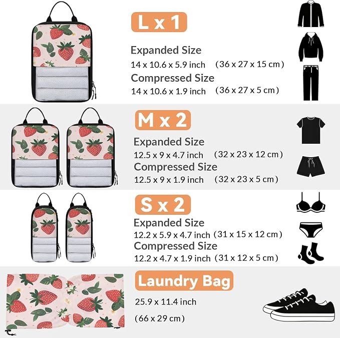 Strawberry Floral 6 Set Compression Packing Cubes for Travel Luggage Carry On Suitcase Compressible Expandable Packing Cubes Organizers Bag - Image 2