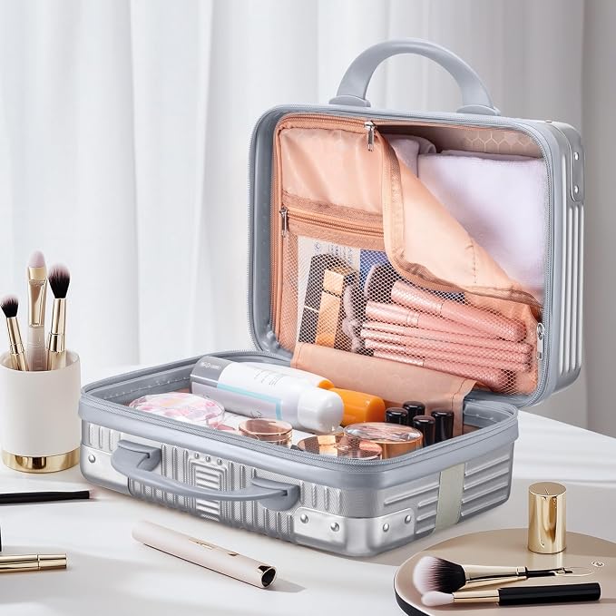 14 Inch Hard Shell Cosmetic Case, Mini Carrying Makeup Suitcase, Silver | Small Pressure-proof Hard Case Makeup Travel Case with Elastic Band ABS Carrying Suitcase, Mini Travel Hand Luggage Organizer - Image 6