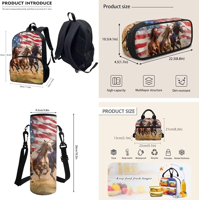 POLERO American Flag Horse Backpack and Lunch Box Set with Pencil Case Water Bottle Holder Teen Kids School Bookbag Daypack - Image 4