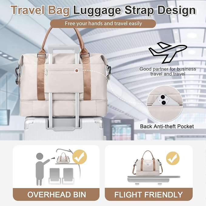 Weekender Bags for Women, Travel Duffel Bags with Shoe Compartment & Wet Pocket,Travel Bag for Airlines,Carry on Overnight Tote Bag for women with Toiletry Bag,3Pcs Set，Beige & Brown - Image 7