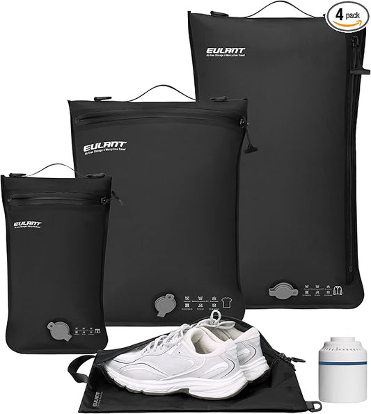 Eulant 4 Set Vacuum Packing Bags for Travel With Pump,Professional IPX8 Zip Packing Organizer for Suitcases Backpack,Space Saver Bags Packing Organizers for Clothing Packing(4 Set,Black) by EULANT