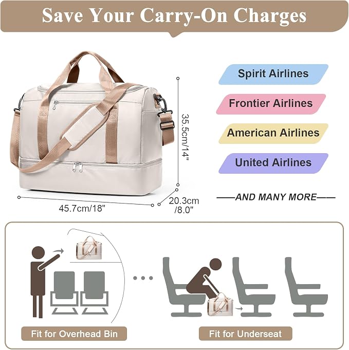 Travel Duffel Bag,Carry-On Overnight Weekender Bags with Shoes Compartment | Travel Bag with Wet Pocket & Toiletry Bag,For Spirit Airlines 18x14x8 Personal Item Bag,Small,Beige & Brown - Image 2