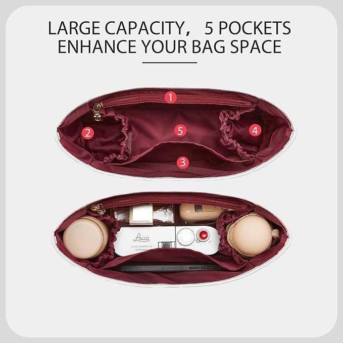 Dupont Paper Brooklyn 28 Bag Insert, Lightweight Purse Organizer for Coach Brooklyn 28 Shoulder Bags, Handbag Inner Divider Shaper with Elastic Cup Holder Smooth Zipper, White&Merlot - Image 3