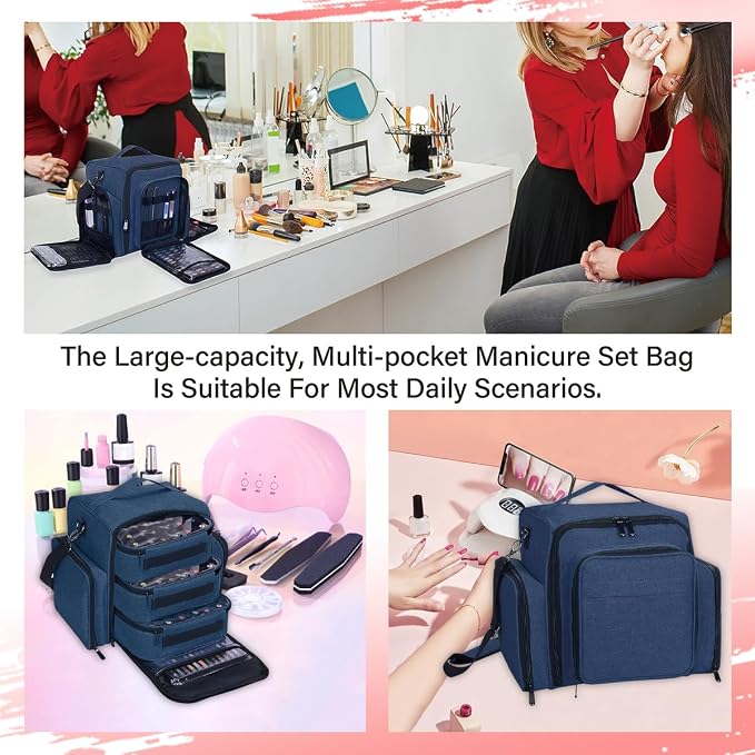 Nail Polish Organizer Case Hold 90 Bottles with 3 Detachable Bag,Blue | Portable Travel Storage Box Designed for Women's Nail Tools, Essential Oils and Cosmetics Sets - Image 7