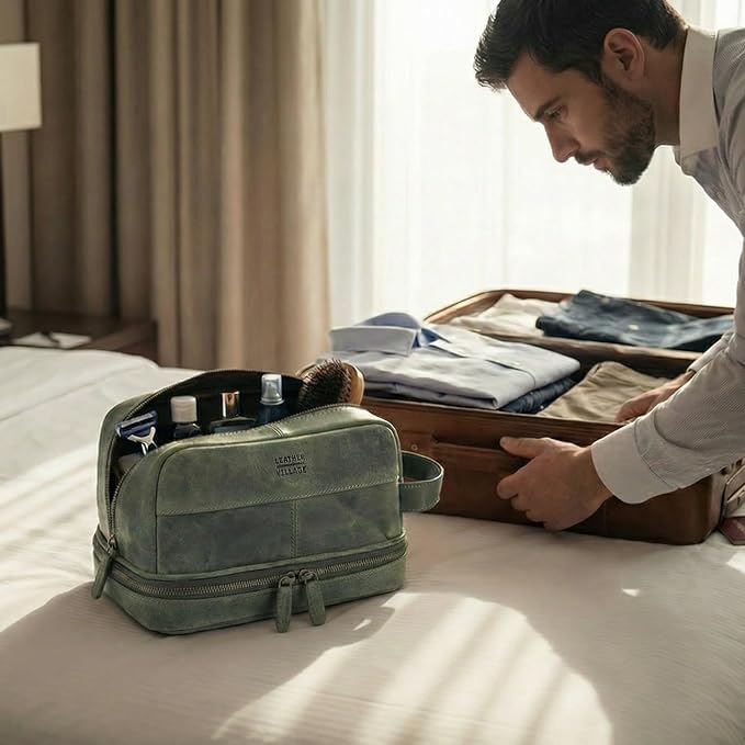 LEATHER VILLAGE Genuine Leather Dopp Kit - Travel Bag with Waterproof Lining, Large Capacity Toiletry Bag, Dual-Zip Design for Men & Women, Shaving & Bathroom Essentials Organizer - Olive - Image 7