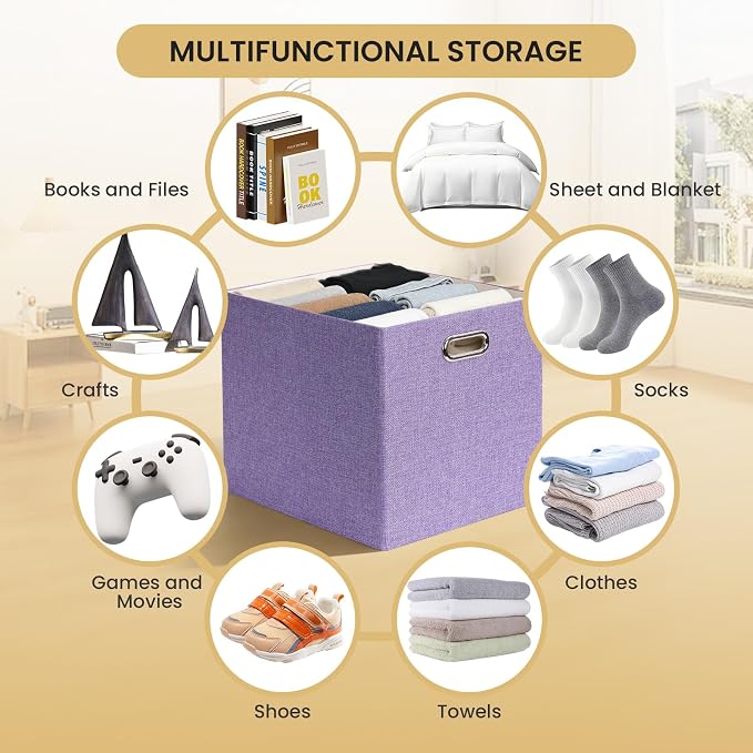 Posprica 3X Thicker Collapsible Storage Bins,13×15x13 Foldable Storage Cube Boxes Fabric Drawer for Closet Shelf Cabinet Bookcase, set of 4 (Purple) - Image 5