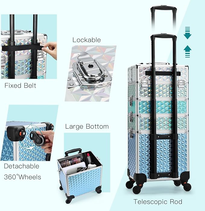 Professional Rolling Makeup Train Case 4 in 1 Aluminum Trolley Case with 360° Rotation Wheels for Makuep Artist Cosmetic Suitcase Organizer with Lock and Key Diamond Pattern - Turquoise - Image 5