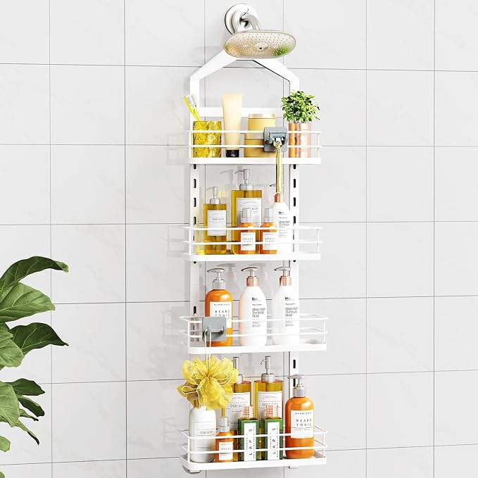 ODesign 4 Tier Adjustable Shower Rack Hanging Over Head Anti-Swing White | Shower organizer hanging,no drilling required,comes with removable hook and storage box, suitable for indoor showers by ODesign