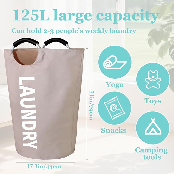 WOOHA 125L Large laundry basket,Collapsible laundry hamper, Tall Clothes Baskets Folding Washing Bin Foldable Fabric Hamper Bags for Bedroom, Closet,Bathroom,College,laundry bag,khaki - Image 5