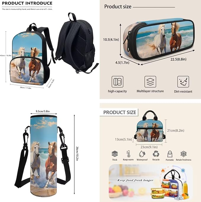 POLERO Kids Horse Backpack School Bags Set 4Pcs Backpacks for Boys Girls Preschool Kindergarten Bookbag Set with Lunch Box - Image 3