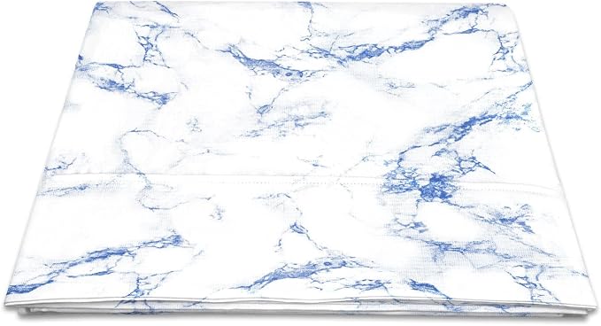 Pizuna Pure 100% Cotton Flat Sheets Only Queen Carrara Marble Blue (1 PC), Luxurious 400 Thread Count Long Staple Cotton Sateen with 4" Hem (Combed Queen Flat Sheet Only Cotton) by Pizuna