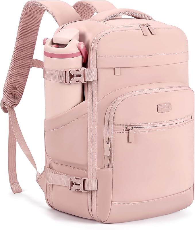 mibasies 30L Travel Backpack for Women & Men: Flight Approved Carry On Backpack, TSA Personal Item Bag with Water Bottle Pocket, Weekender Essentials Backpacks fits 15.6" Laptop - Pink by mibasies