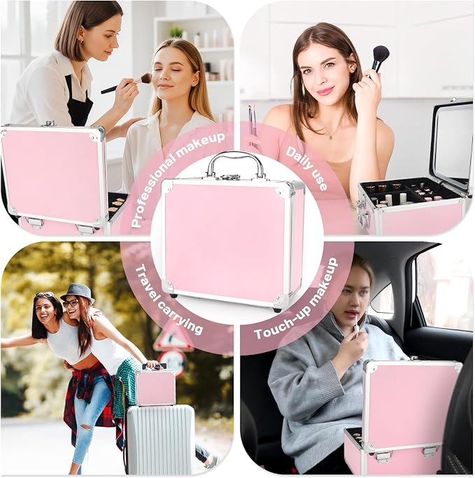 Makeup Case with LED Mirror, Portable Lockable Vanity Case, Travel Makeup Train Box for Women, Cosmetic Organizer, Detachable 3-Color Lighted Mirror, Adjustable Dividers, Brush Holder - Image 7