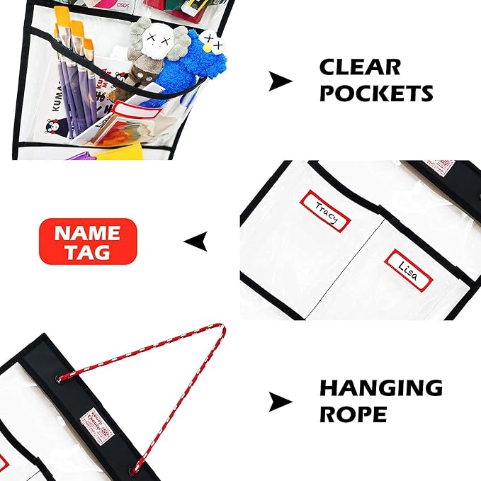 Rough Enough Locker Organizer Hanging Accessories Storage Organization with 4 Pockets for Work Door Gym Wall Clear PVC - Image 5